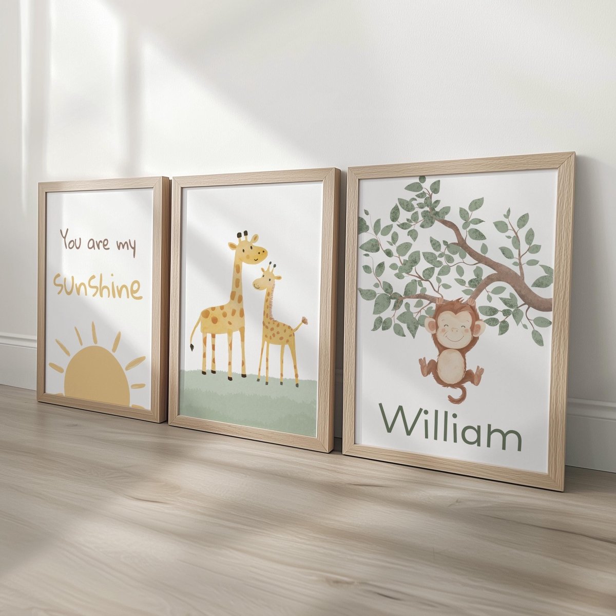 Set of 3 Safari Animal Nursery Prints – Sunshine, Giraffe & Monkey Wall Art - RoseRowanDesign -