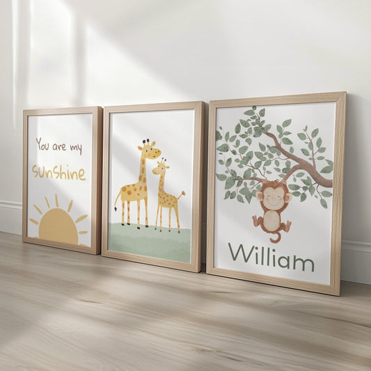 Set of 3 Safari Animal Nursery Prints – Sunshine, Giraffe & Monkey Wall Art - RoseRowanDesign -