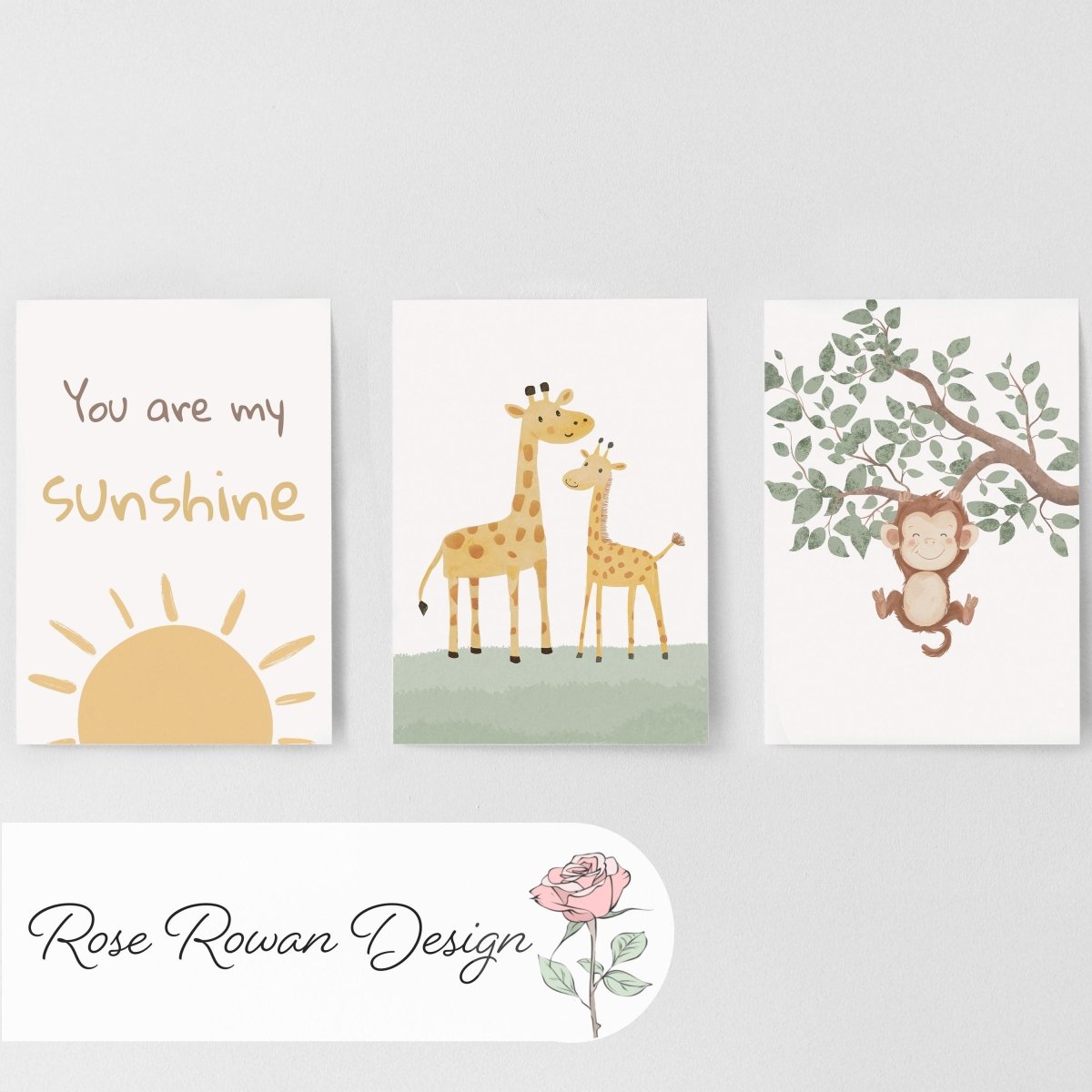 Set of 3 Safari Animal Nursery Prints – Sunshine, Giraffe & Monkey Wall Art - RoseRowanDesign -