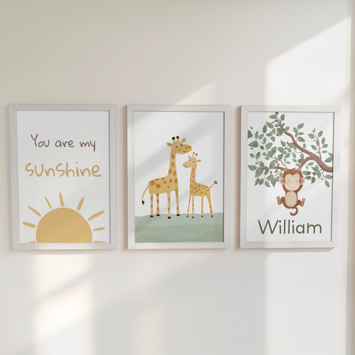 Set of 3 Safari Animal Nursery Prints – Sunshine, Giraffe & Monkey Wall Art - RoseRowanDesign -