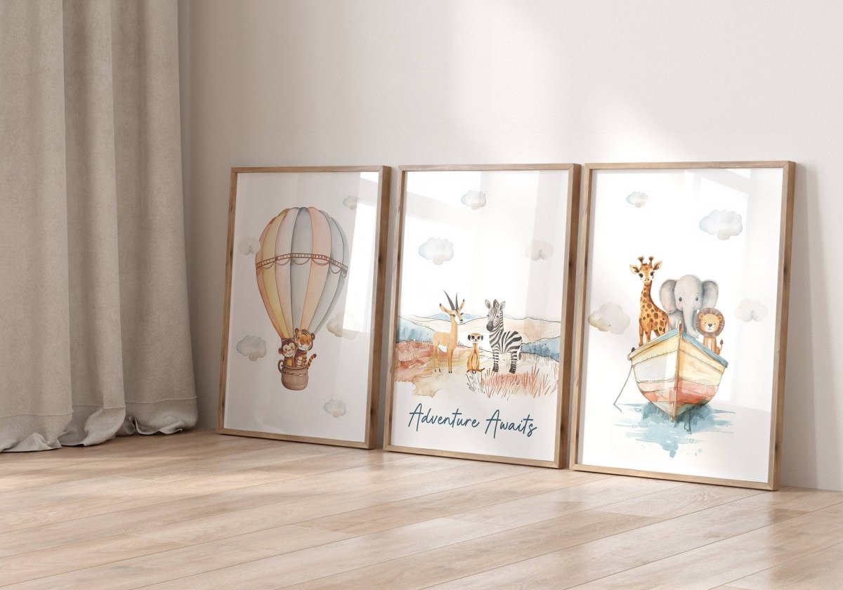 Set of 3 Safari Animal Prints for Nursery, Kids Bedroom or Playroom - Gender Neutral Decor for Babies Room - Hot Air Balloon, Animal Ark - RoseRowanDesign -