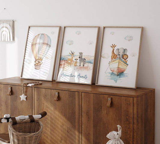 Set of 3 Safari Animal Prints for Nursery, Kids Bedroom or Playroom - Gender Neutral Decor for Babies Room - Hot Air Balloon, Animal Ark - RoseRowanDesign -
