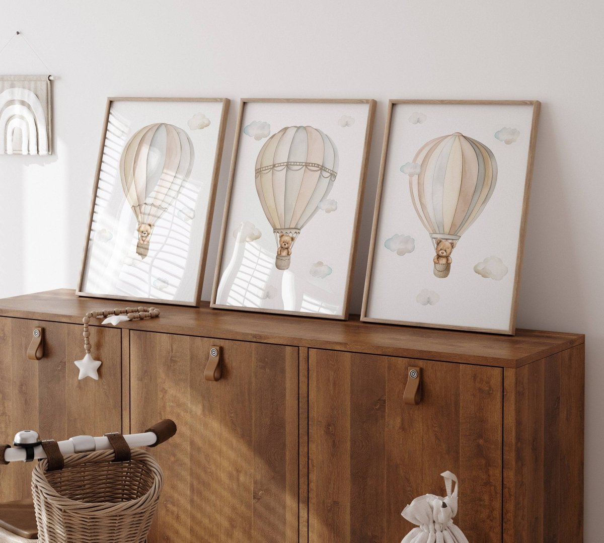 Set of 3 Teddy Bear Hot Air Balloon Prints for Nursery, Kids Bedroom or Playroom - Gender Neutral Decor for Babies Room - Beige Toddler Art - RoseRowanDesign -