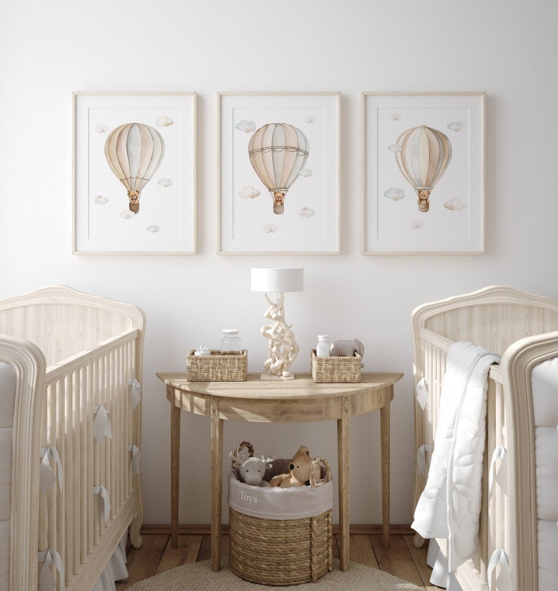 Set of 3 Teddy Bear Hot Air Balloon Prints for Nursery, Kids Bedroom or Playroom - Gender Neutral Decor for Babies Room - Beige Toddler Art - RoseRowanDesign -