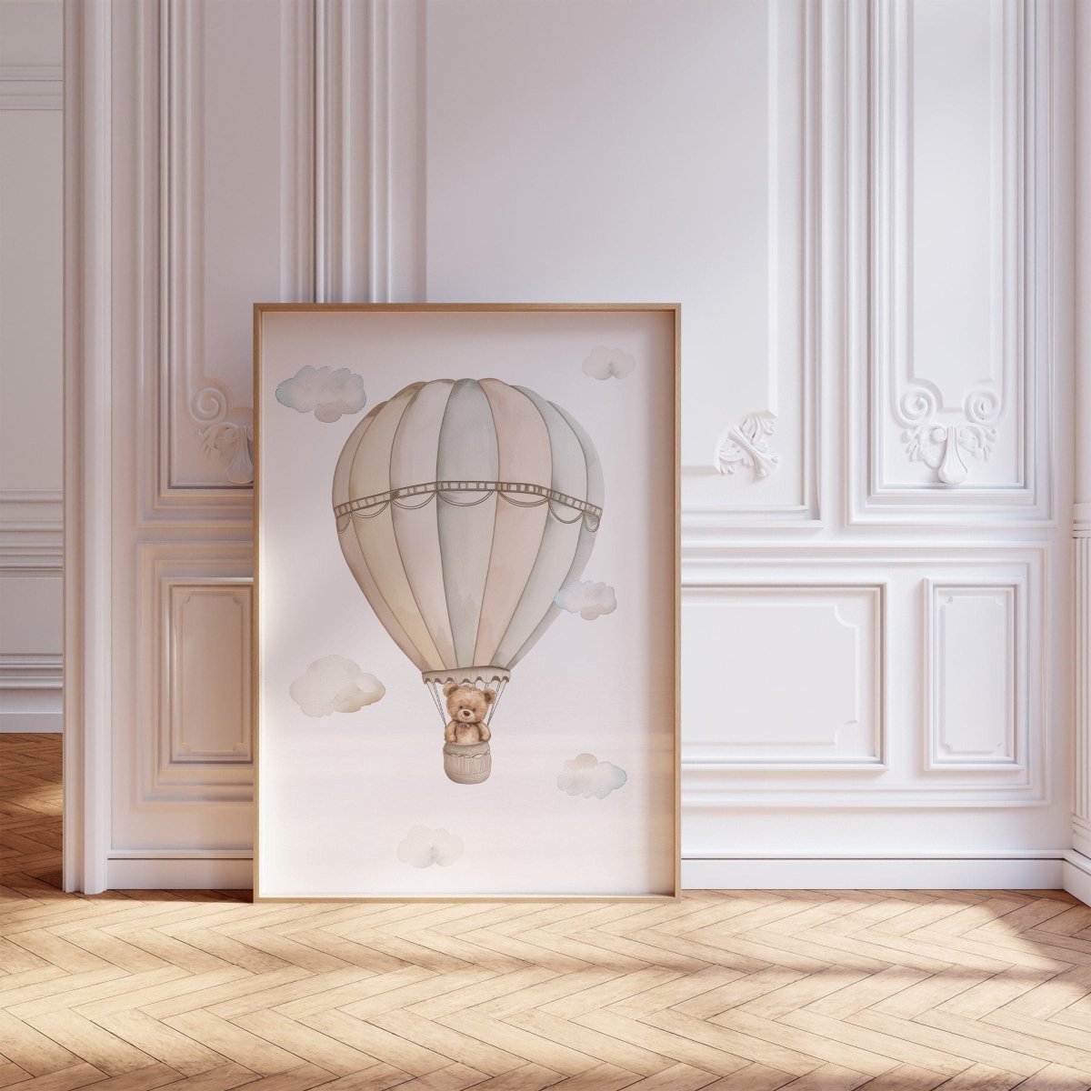 Set of 3 Teddy Bear Hot Air Balloon Prints for Nursery, Kids Bedroom or Playroom - Gender Neutral Decor for Babies Room - Beige Toddler Art - RoseRowanDesign -