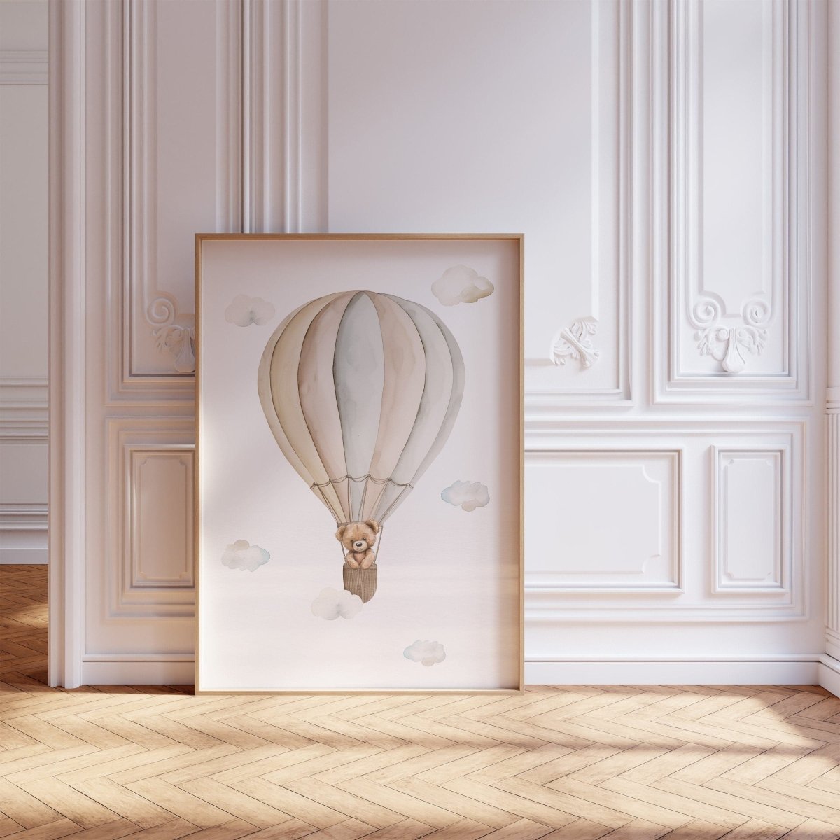 Set of 3 Teddy Bear Hot Air Balloon Prints for Nursery, Kids Bedroom or Playroom - Gender Neutral Decor for Babies Room - Beige Toddler Art - RoseRowanDesign -