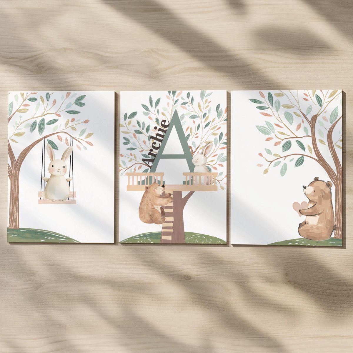 Set of 3 Tree House Animal Nursery Prints – Whimsical Bunny & Bear Wall Art for Kids Room - RoseRowanDesign -