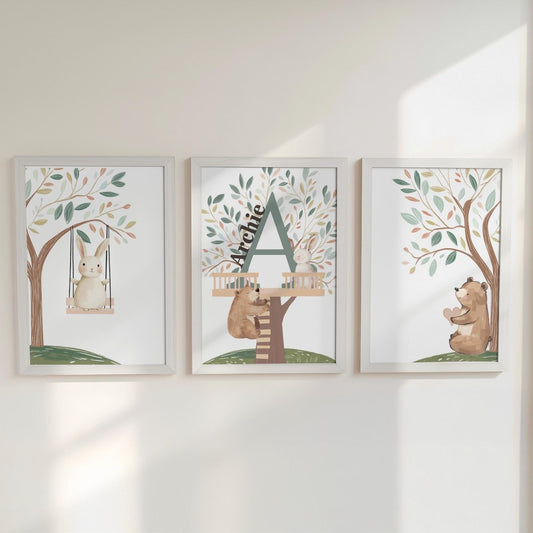 Set of 3 Tree House Animal Nursery Prints – Whimsical Bunny & Bear Wall Art for Kids Room - RoseRowanDesign -