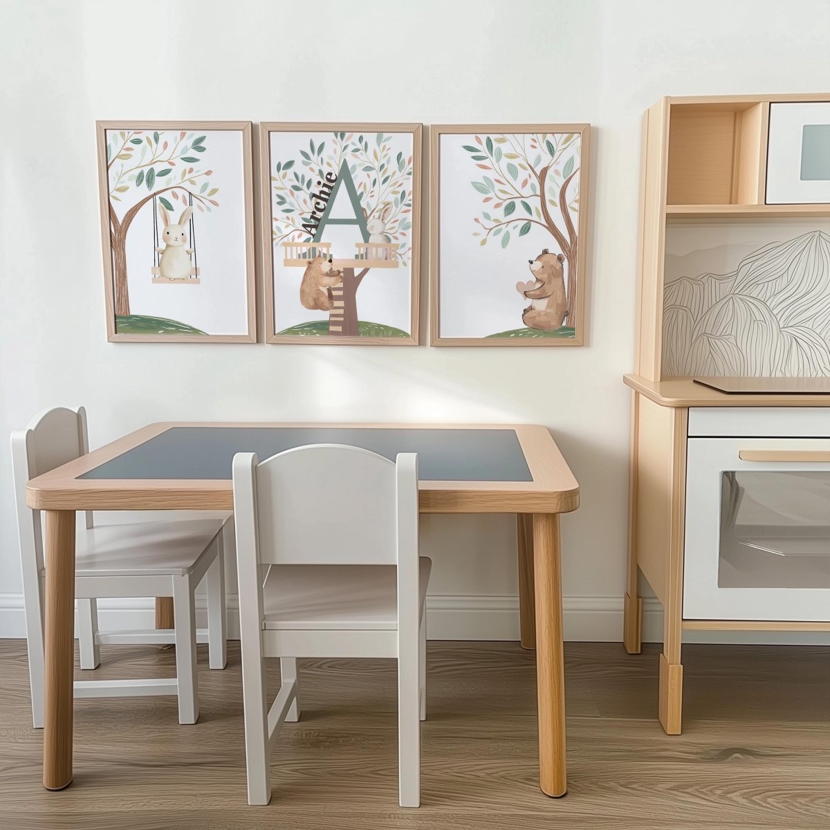Set of 3 Tree House Animal Nursery Prints – Whimsical Bunny & Bear Wall Art for Kids Room - RoseRowanDesign -