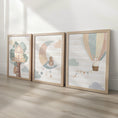 Load image into Gallery viewer, Set of 3 Tree House Nursery Prints – Whimsical Moon & Hot Air Balloon Animal Wall Art for Kids Room - RoseRowanDesign -