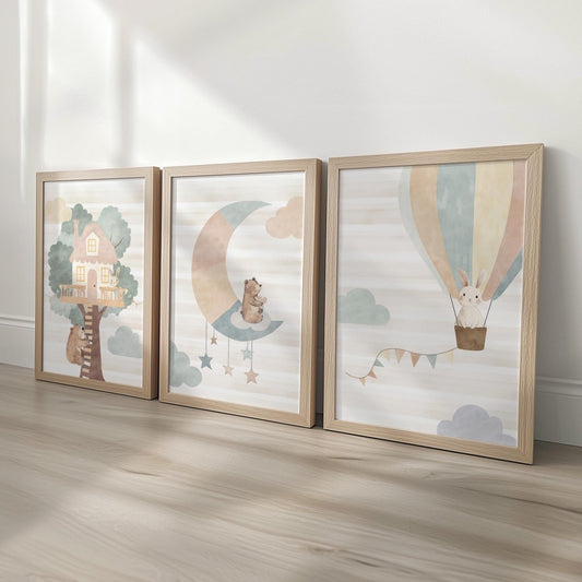 Set of 3 Tree House Nursery Prints – Whimsical Moon & Hot Air Balloon Animal Wall Art for Kids Room - RoseRowanDesign -