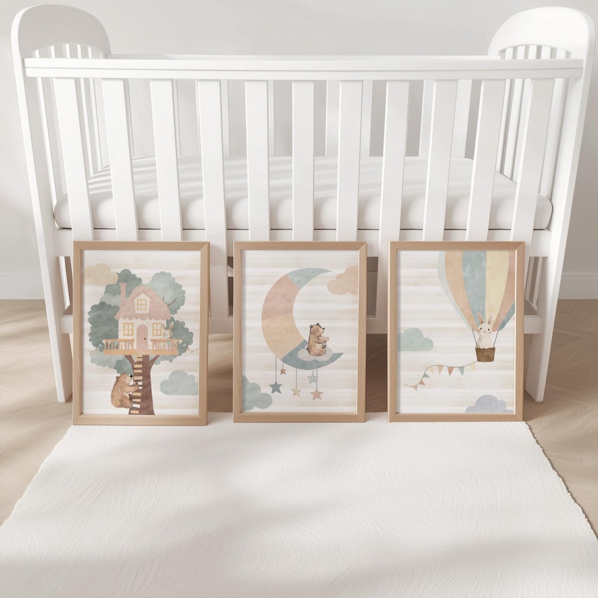 Set of 3 Tree House Nursery Prints – Whimsical Moon & Hot Air Balloon Animal Wall Art for Kids Room - RoseRowanDesign -