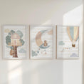 Load image into Gallery viewer, Set of 3 Tree House Nursery Prints – Whimsical Moon & Hot Air Balloon Animal Wall Art for Kids Room - RoseRowanDesign -