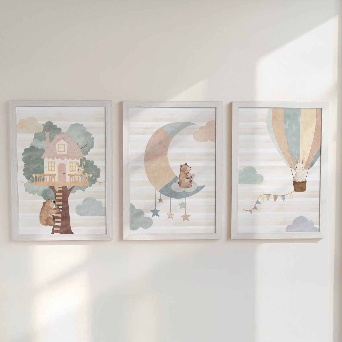 Set of 3 Tree House Nursery Prints – Whimsical Moon & Hot Air Balloon Animal Wall Art for Kids Room - RoseRowanDesign -