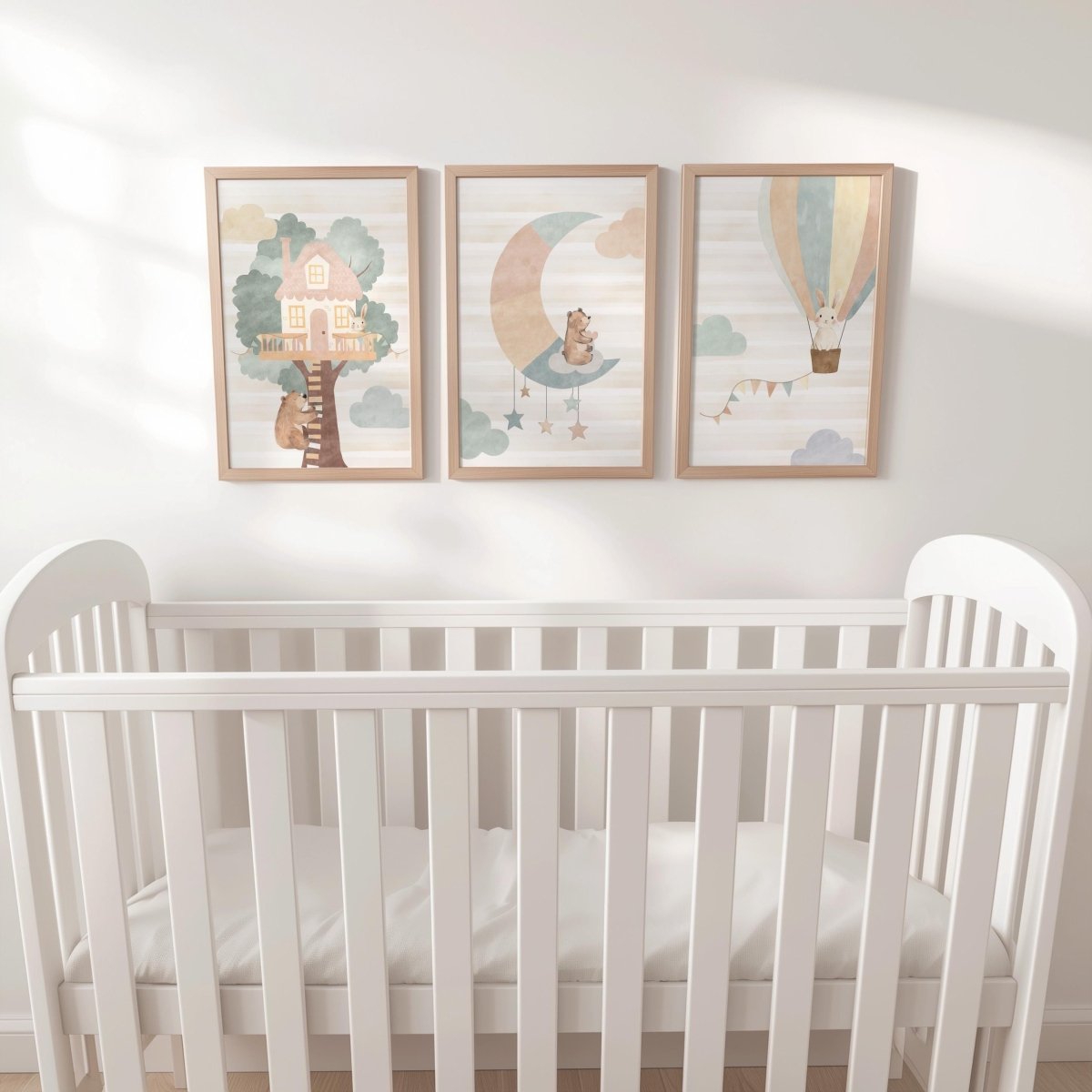 Set of 3 Tree House Nursery Prints – Whimsical Moon & Hot Air Balloon Animal Wall Art for Kids Room - RoseRowanDesign -