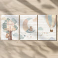 Load image into Gallery viewer, Set of 3 Tree House Nursery Prints – Whimsical Moon & Hot Air Balloon Animal Wall Art for Kids Room - RoseRowanDesign -