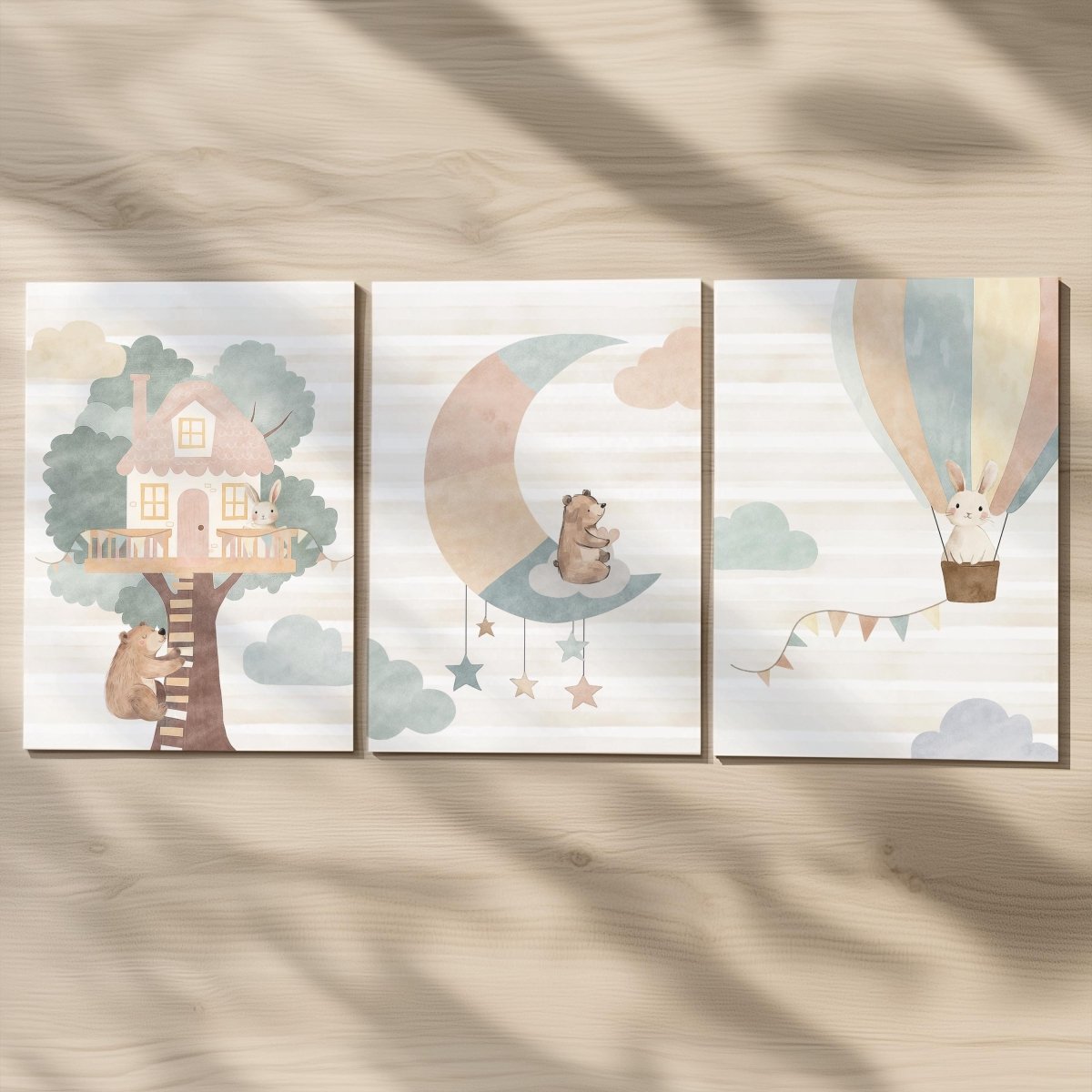 Set of 3 Tree House Nursery Prints – Whimsical Moon & Hot Air Balloon Animal Wall Art for Kids Room - RoseRowanDesign -