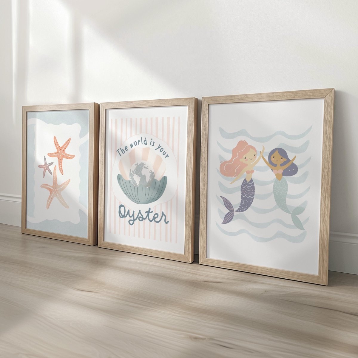 Set of 3 Under the Sea Oyster & Mermaid Nursery Prints – Custom Name Ocean Wall Art for Girls Room - RoseRowanDesign -