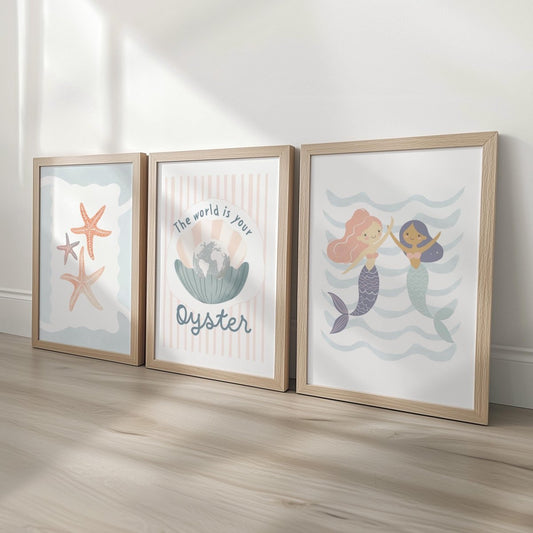 Set of 3 Under the Sea Oyster & Mermaid Nursery Prints – Custom Name Ocean Wall Art for Girls Room - RoseRowanDesign -