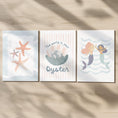 Load image into Gallery viewer, Set of 3 Under the Sea Oyster & Mermaid Nursery Prints – Custom Name Ocean Wall Art for Girls Room - RoseRowanDesign -