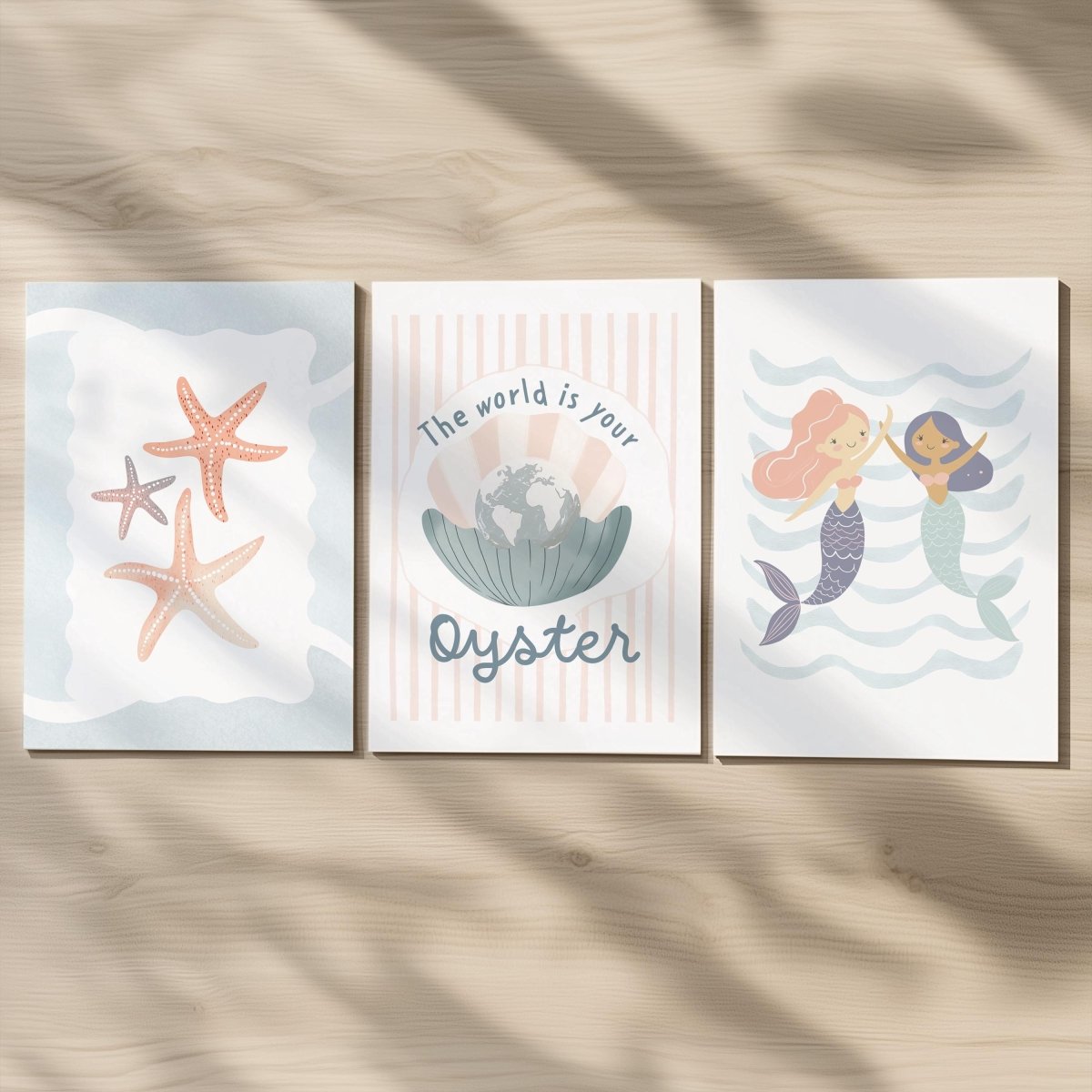 Set of 3 Under the Sea Oyster & Mermaid Nursery Prints – Custom Name Ocean Wall Art for Girls Room - RoseRowanDesign -