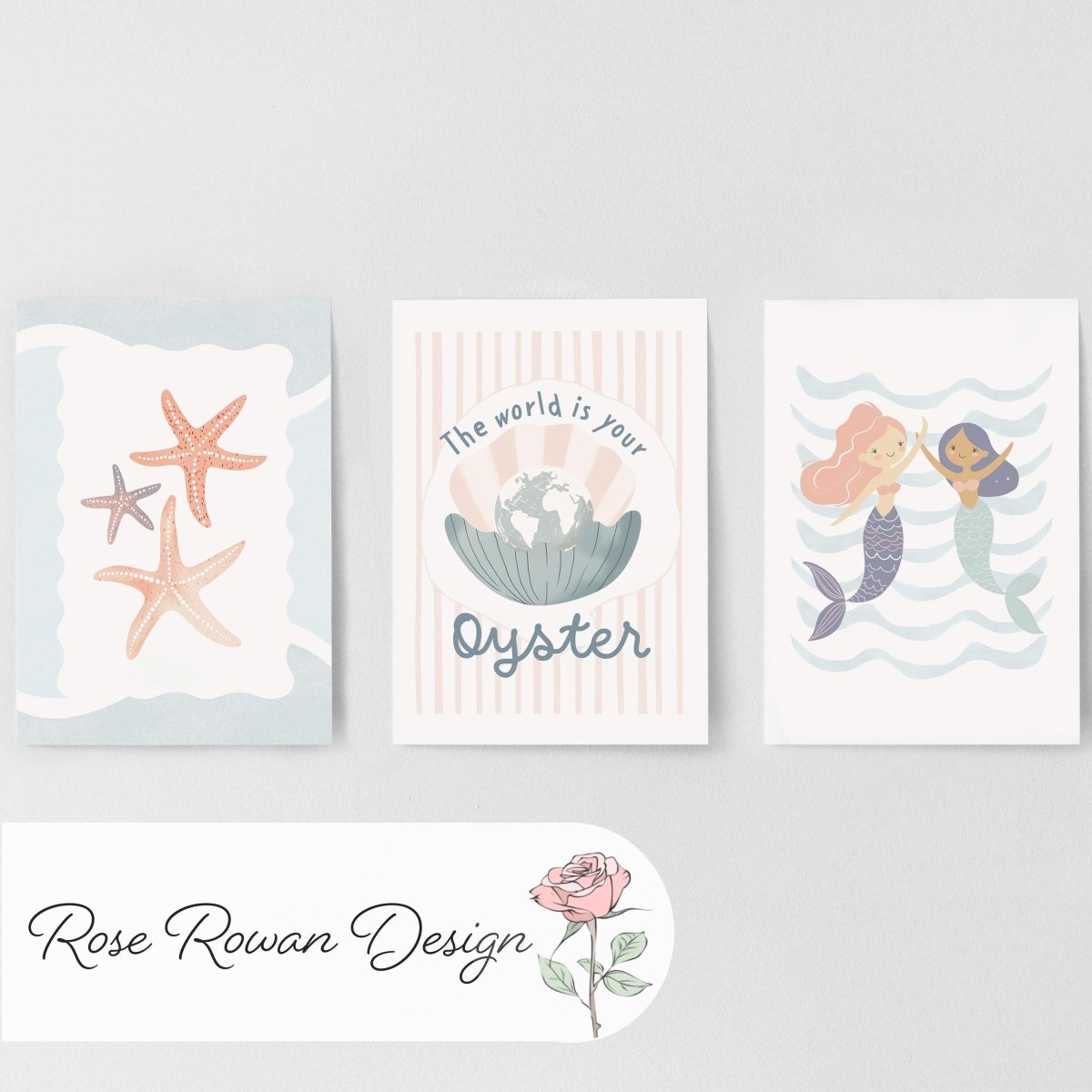 Set of 3 Under the Sea Oyster & Mermaid Nursery Prints – Custom Name Ocean Wall Art for Girls Room - RoseRowanDesign -