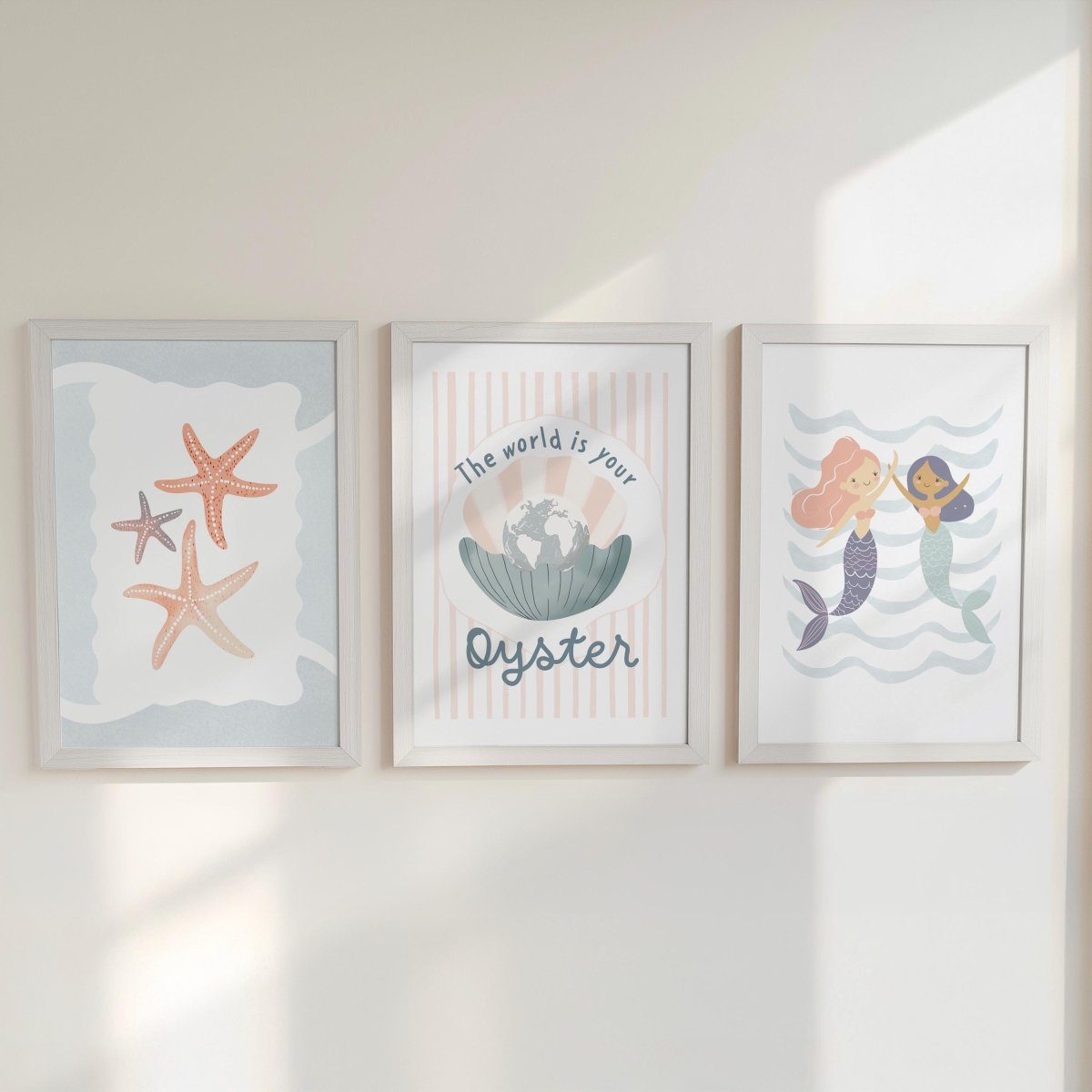 Set of 3 Under the Sea Oyster & Mermaid Nursery Prints – Custom Name Ocean Wall Art for Girls Room - RoseRowanDesign -
