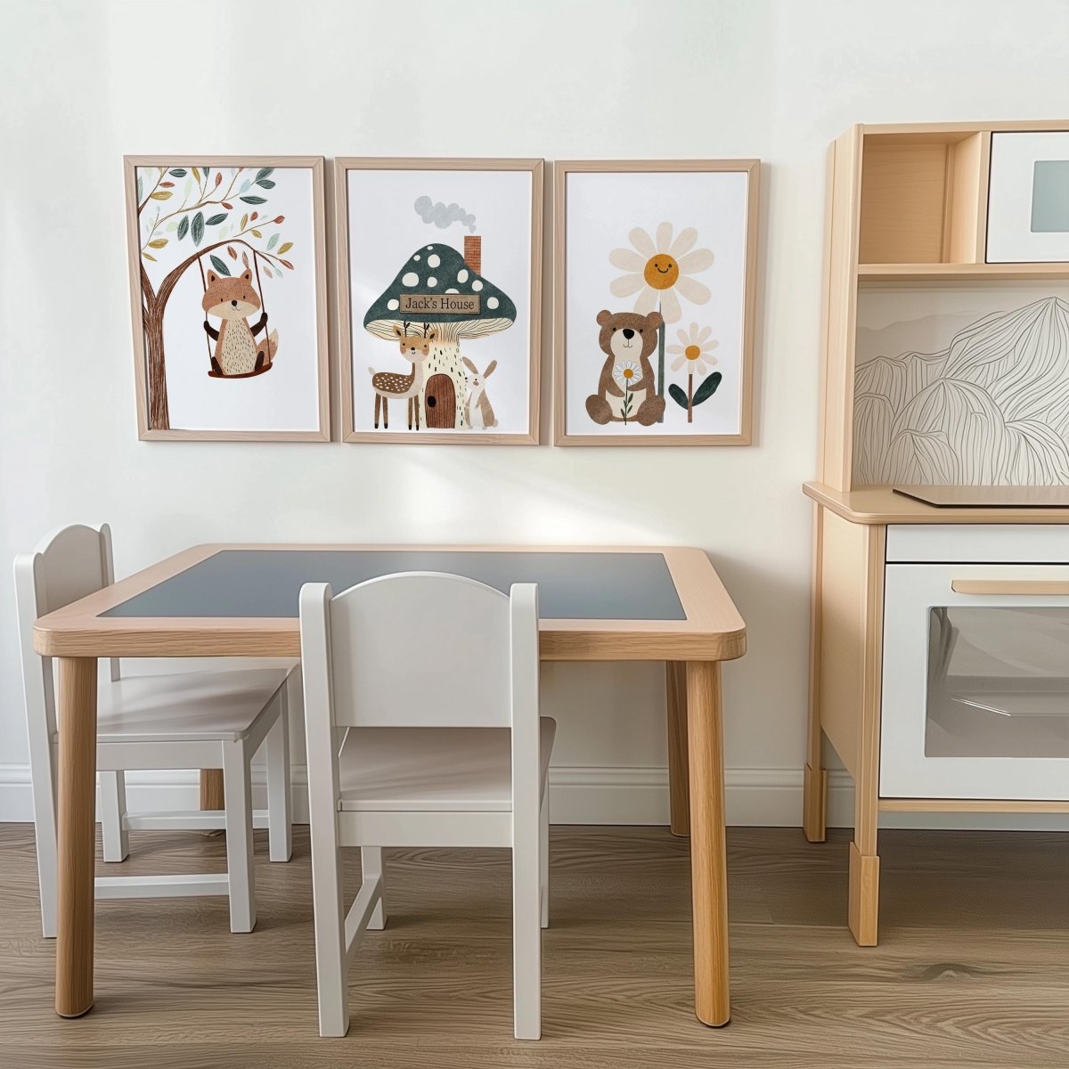 Set of 3 Whimsical Woodland Animal Nursery Prints – Personalised Kids Wall Art - RoseRowanDesign -