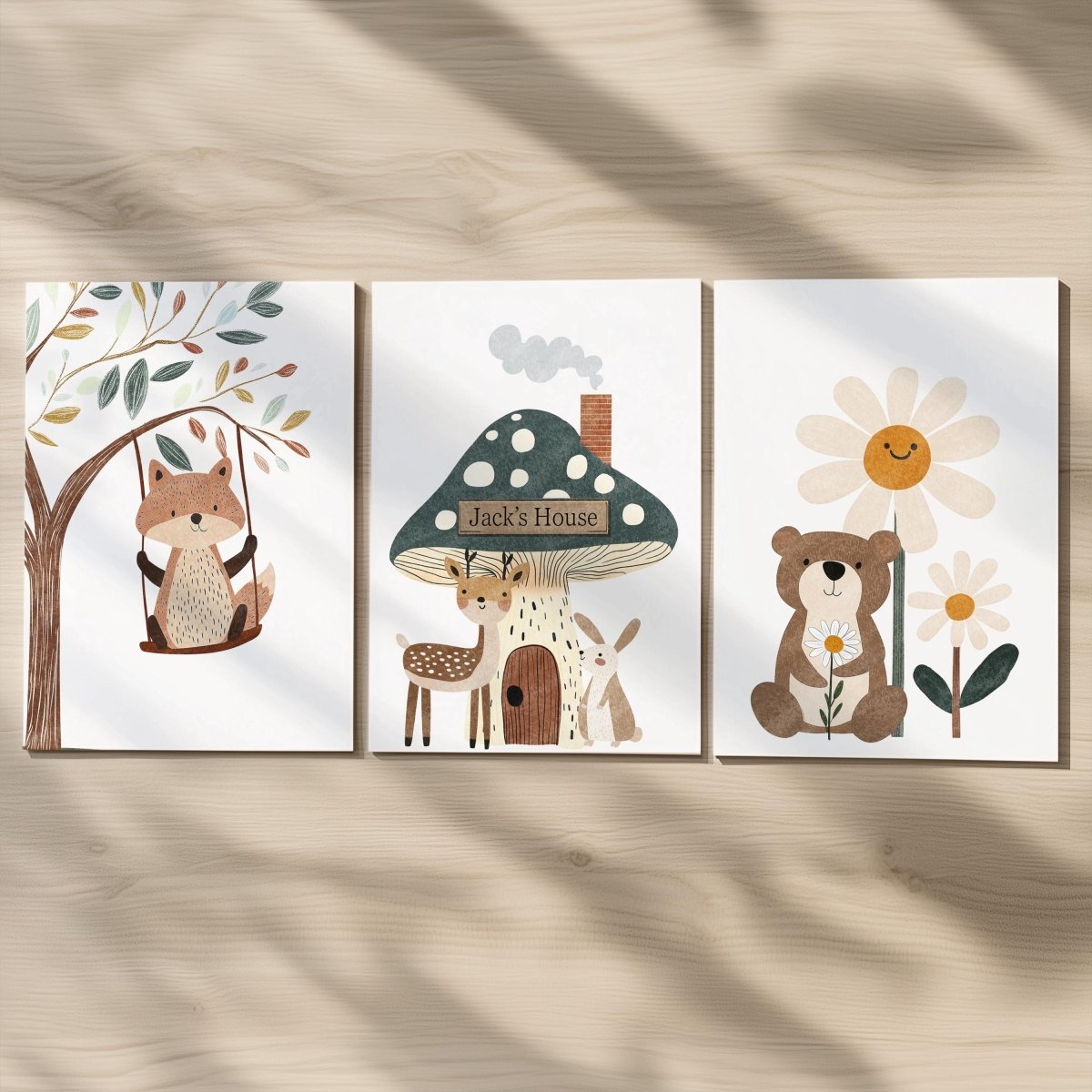Set of 3 Whimsical Woodland Animal Nursery Prints – Personalised Kids Wall Art - RoseRowanDesign -
