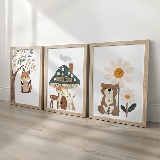 Set of 3 Whimsical Woodland Animal Nursery Prints – Personalised Kids Wall Art - RoseRowanDesign -