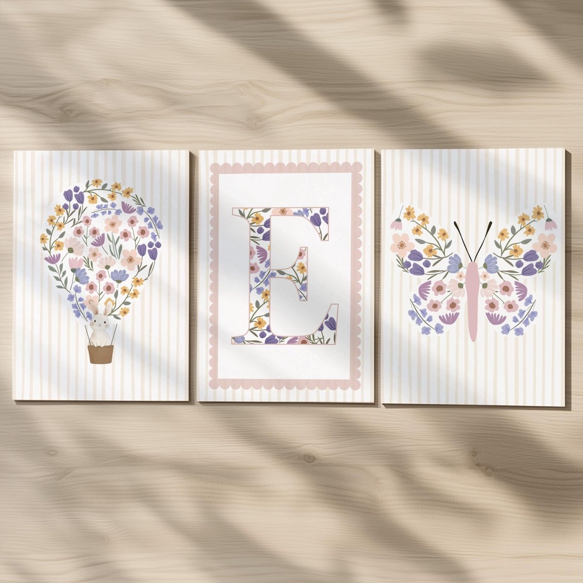 Set of 3 Wildflower Hot Air Balloon Prints – Custom Floral Name Wall Art for Girls Nursery & Bedroom - RoseRowanDesign -