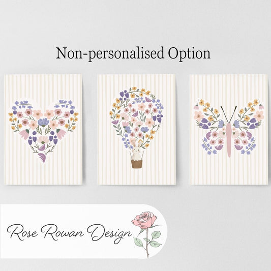 Set of 3 Wildflower Hot Air Balloon Prints – Custom Floral Name Wall Art for Girls Nursery & Bedroom - RoseRowanDesign -