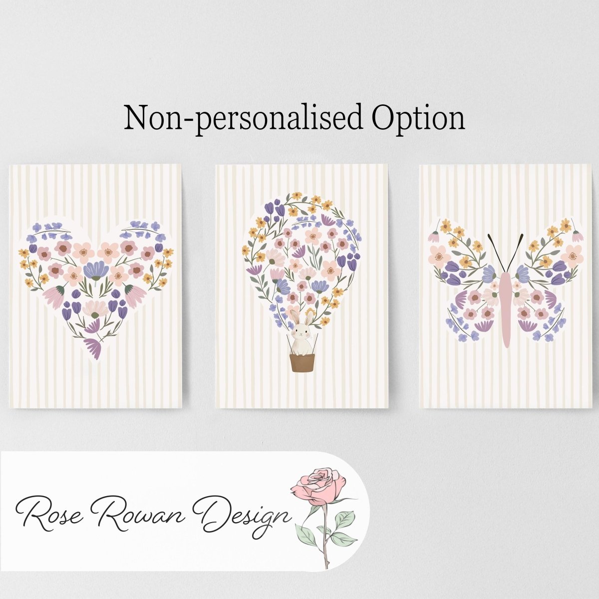Set of 3 Wildflower Hot Air Balloon Prints – Custom Floral Name Wall Art for Girls Nursery & Bedroom - RoseRowanDesign -