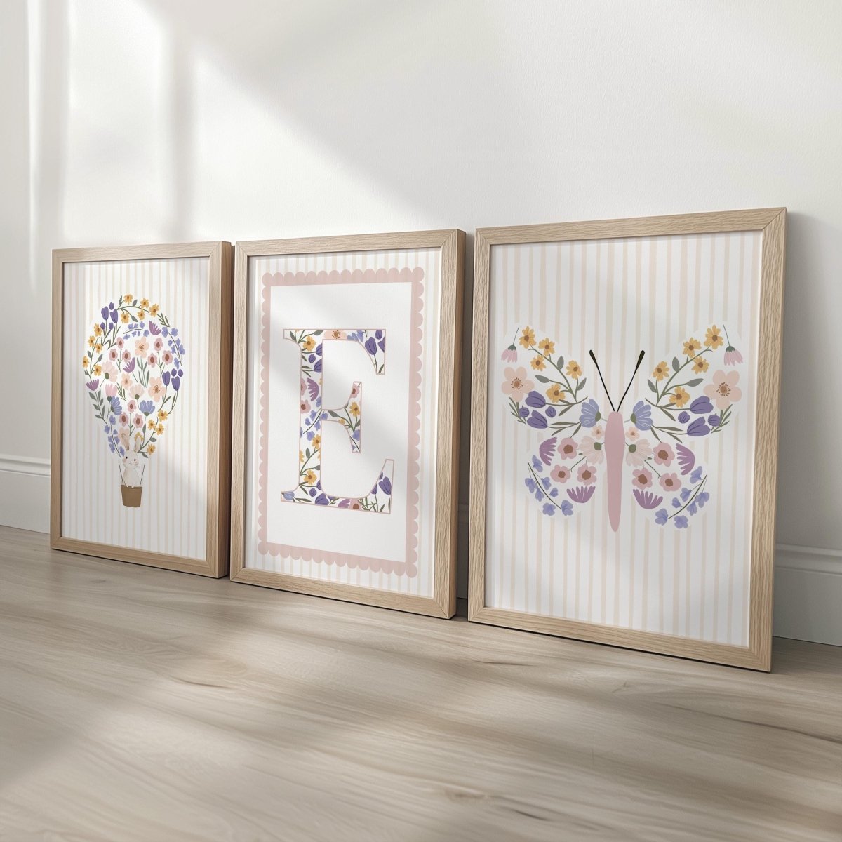 Set of 3 Wildflower Hot Air Balloon Prints – Custom Floral Name Wall Art for Girls Nursery & Bedroom - RoseRowanDesign -