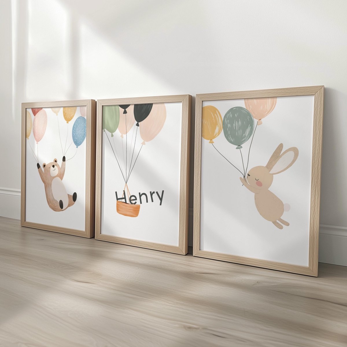 Set of 3 Woodland Animal Nursery Prints – Whimsical Bear & Bunny Personalised Wall Art for Kids Room - RoseRowanDesign -
