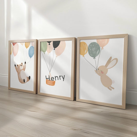Set of 3 Woodland Animal Nursery Prints – Whimsical Bear & Bunny Personalised Wall Art for Kids Room - RoseRowanDesign -