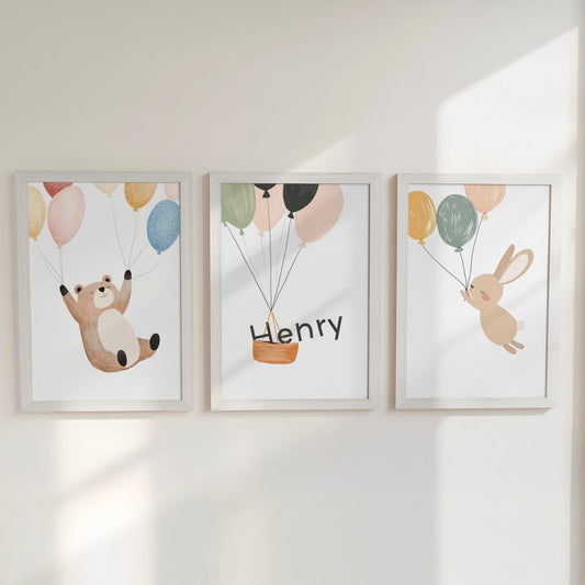 Set of 3 Woodland Animal Nursery Prints – Whimsical Bear & Bunny Personalised Wall Art for Kids Room - RoseRowanDesign -