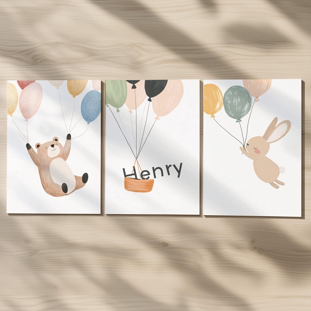 Set of 3 Woodland Animal Nursery Prints – Whimsical Bear & Bunny Personalised Wall Art for Kids Room - RoseRowanDesign -