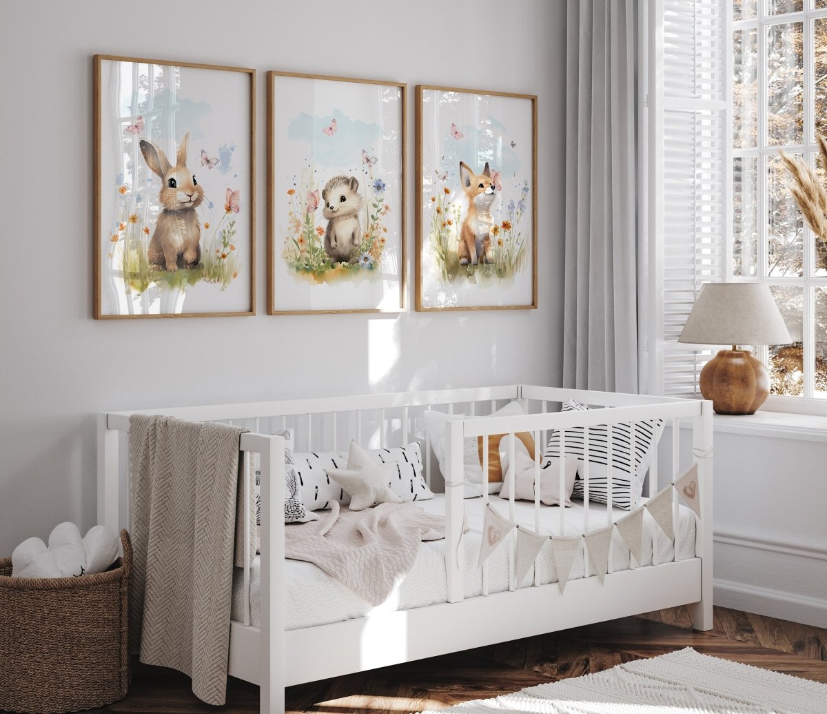 Set of 3 Woodland Animal Nursery Wall Prints, Wildflower Pictures for Babies Bedroom, Unisex Children's Room Decor, Toddler Playroom Posters - RoseRowanDesign -