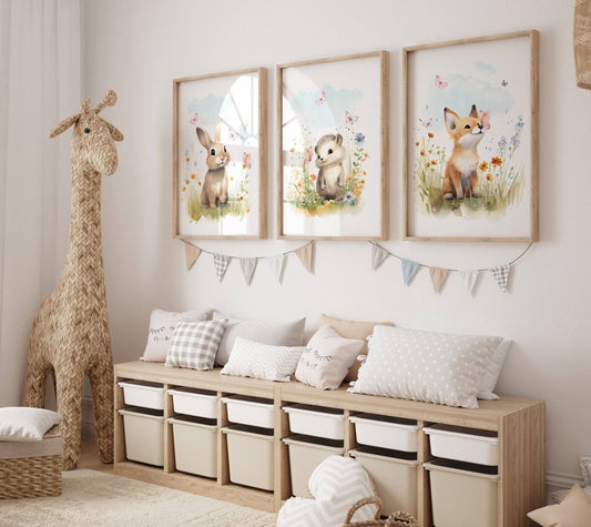 Set of 3 Woodland Animal Nursery Wall Prints, Wildflower Pictures for Babies Bedroom, Unisex Children's Room Decor, Toddler Playroom Posters - RoseRowanDesign -