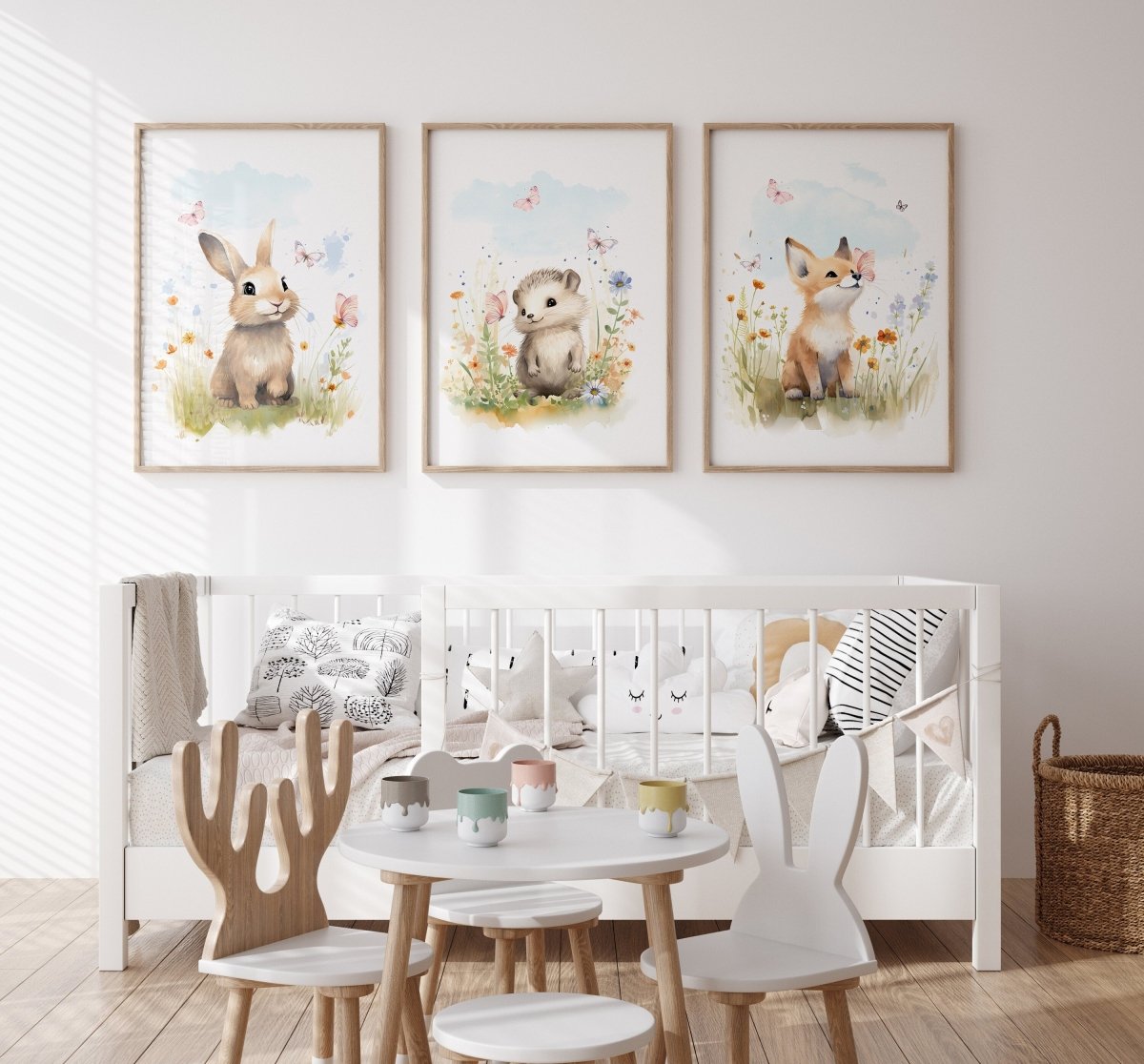 Set of 3 Woodland Animal Nursery Wall Prints, Wildflower Pictures for Babies Bedroom, Unisex Children's Room Decor, Toddler Playroom Posters - RoseRowanDesign -