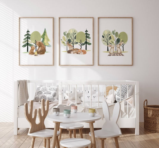 Set of 3 Woodland Animal Prints | Nursery, Bedroom & Playroom Decor | Scandi Boho Wall Art - RoseRowanDesign -