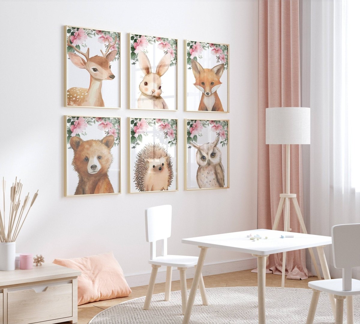 Set of 6 Woodland Animal Nursery Prints | Pink Forest Decor | Kids Wall Art Posters - RoseRowanDesign -