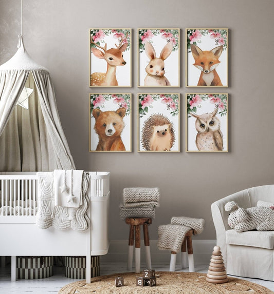 Set of 6 Woodland Animal Nursery Prints | Pink Forest Decor | Kids Wall Art Posters - RoseRowanDesign -