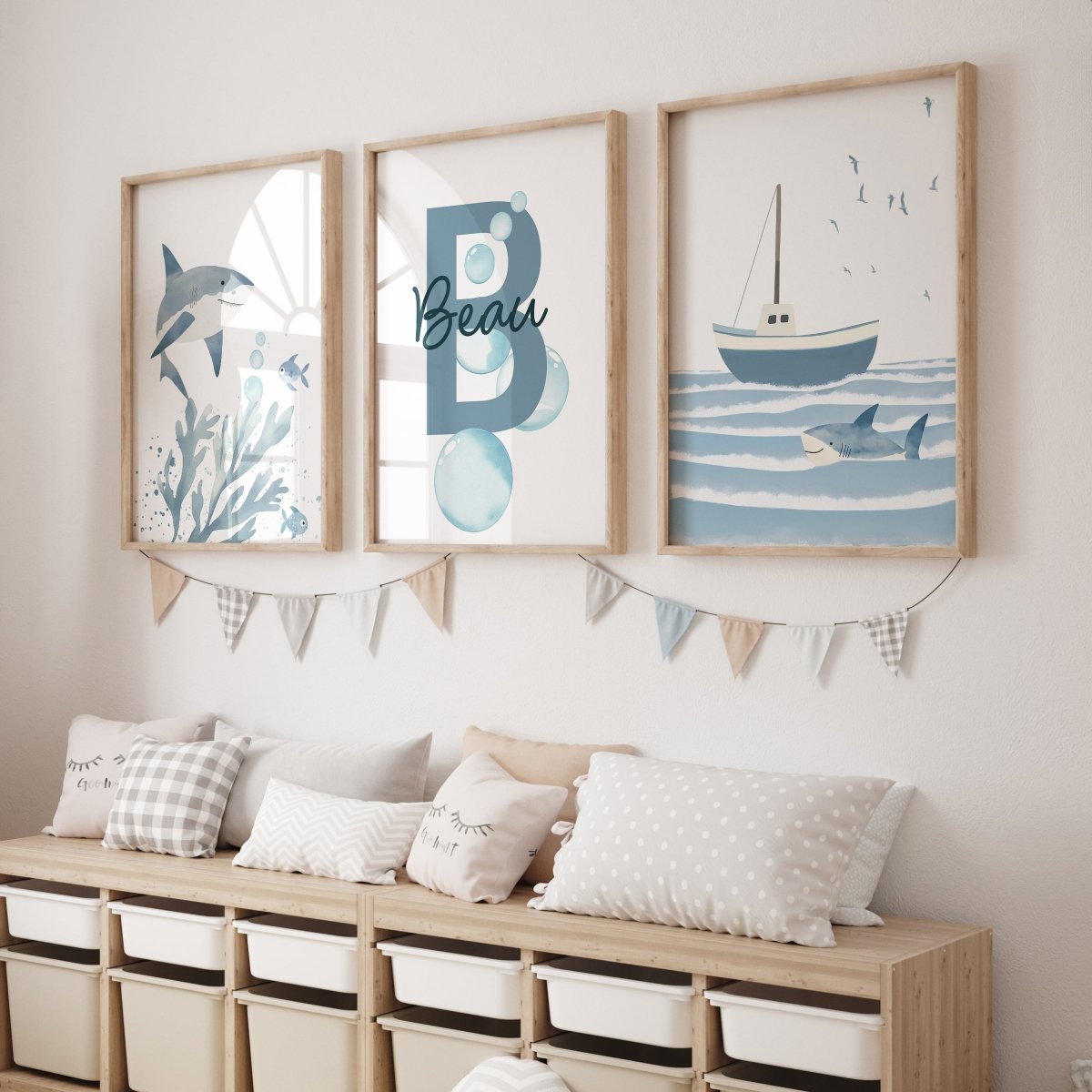 Shark Nursery Prints | Set of 3 | Personalised Wall Art for Boys' Room - RoseRowanDesign -