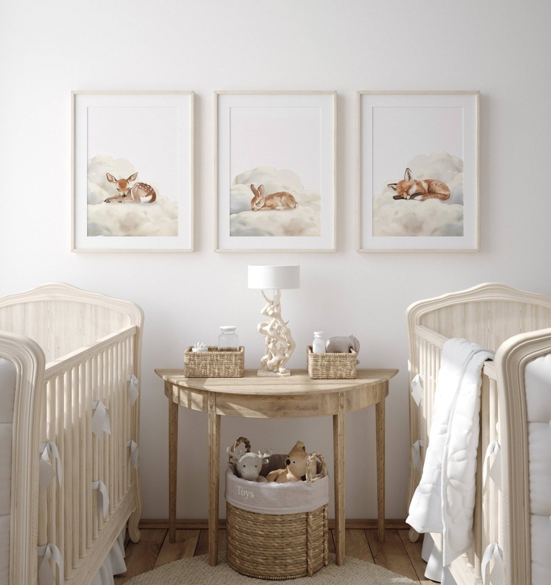 Sleeping Animals Nursery Wall Prints | Set of 3 | Bunny, Fox & Deer for Gender - Neutral Baby Room - RoseRowanDesign -