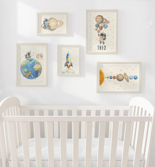 Space Gallery Wall Nursery Prints – Rocket & Planet Wall Art Set - RoseRowanDesign - Wall Art