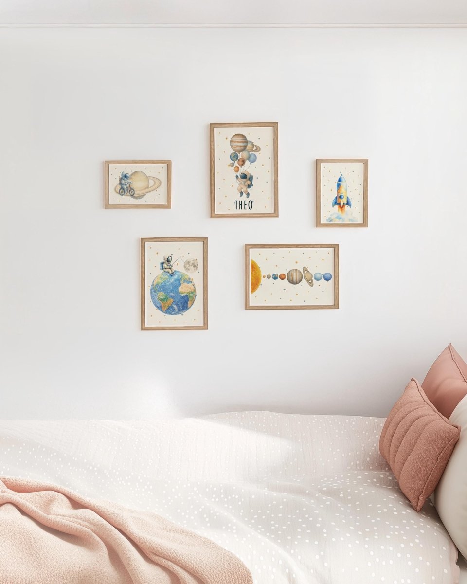 Space Gallery Wall Nursery Prints – Rocket & Planet Wall Art Set - RoseRowanDesign - Wall Art