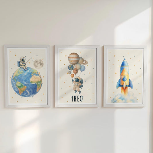 Space Nursery Prints – Rocket, Astronaut & Planets Wall Art Set - RoseRowanDesign -