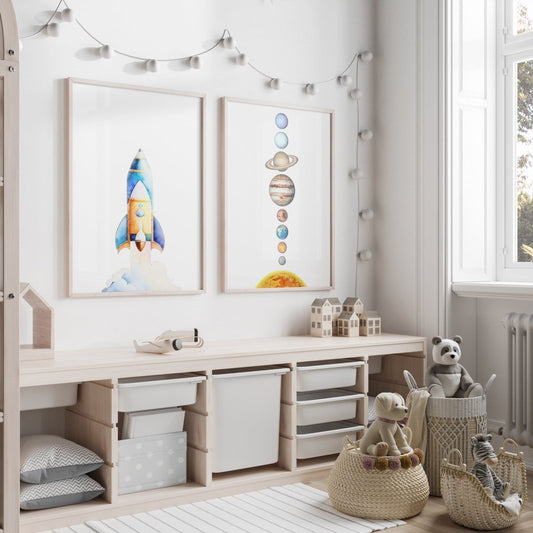 Space Nursery Prints | Set of 2 | Solar System & Rocket Wall Art for Kids' Room - RoseRowanDesign -